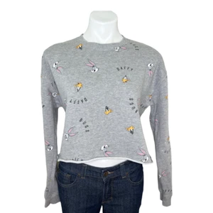 Looney Tunes Bugs Bunny Daffy Duck Gray Crop Sweatshirt Women's Size XS - Picture 1 of 6