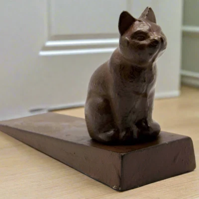 Cast Iron Cat Door Stop Wedge Vintage Rustic Brown Doorstop Heavy Weight Stay - Image 1 of 4