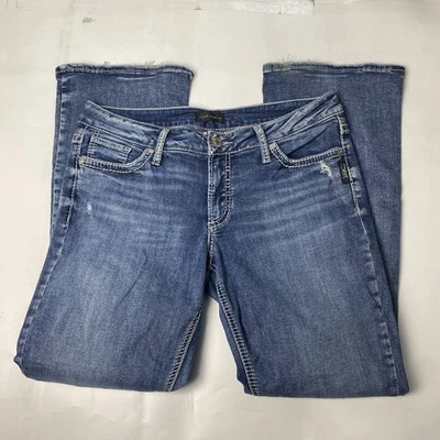 Pantalones de mezclilla plateados para mujer Elyse Bootcut azul ajustados tiro medio elásticos talla 32 x 31 Foto 1 de 4