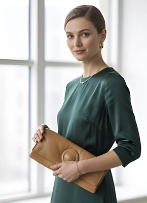 Oroton Deco-Clutch Natural Tan Leather Art Deco Designer Bag – New with Tags - Image 1 of 4