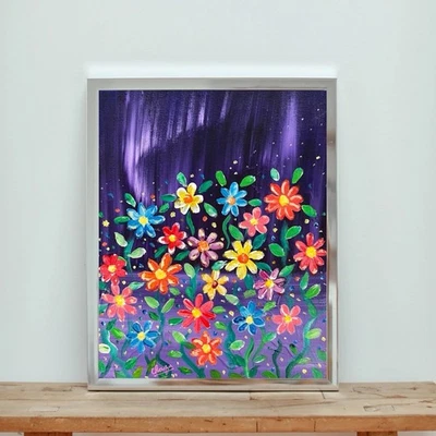 Paisaje acrílico original “campo colorido” arte sobre panel de lienzo, 8 por 10 pulgadas Foto 1 de 4