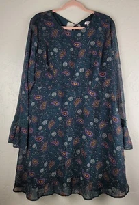 Xhilaration Womens Sz XXL Paisley Print Long Sleeve Mini Dress Green Bell Sleeve - Picture 1 of 7