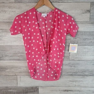 LuLaRoe Cardigan Girls 1 Pink White Polka Dot Open Front Short Sleeve Bianka  - Picture 1 of 6