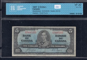 1937 Bank of Canada $5 - BC-23c - CCCS VF20 - S/N: D/S 7497255 - Picture 1 of 2