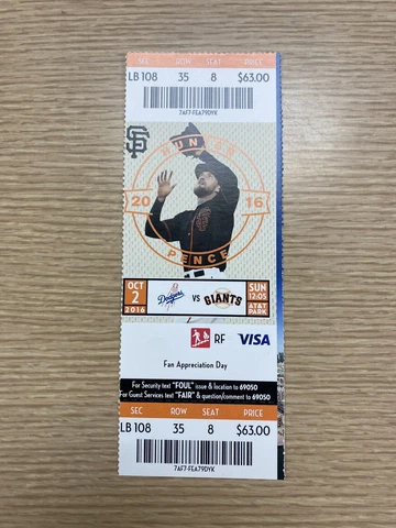 VIN SCULLY Dodgers FINAL GAME TICKET NEW OCTOBER 2,  2016 S.F. GIANTS STADIUM Cover