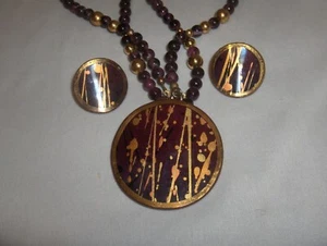 Vntg Karla Jordan Wine Tone Stones & Gold Necklace & Post Earrings Signed RARE - Picture 1 of 7