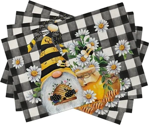 Spring Bee Gnome Daisy Placemats Set of 4, Honey Black White Buffalo Check Plaid - Picture 1 of 7