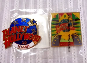 Lot of 2 Planet Hollywood Miami Lapel Pins Buttons Enamel Cruise Ships Globe New - Picture 1 of 3