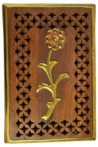 Copper and Brass Flower Decorative Carved Wooden Unlined Hinged Box 4" x 6" - Picture 1 of 4