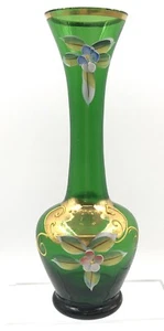 Jarrón de vidrio artístico verde esmeralda diseño de flores pintado a mano 8 pulgadas de alto - Imagen 1 de 6