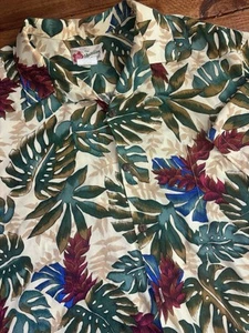 Vintage Hilo Hattie Hawaiian Shirt Men's XL Beige Multicolor Leaves Floral - Picture 1 of 6