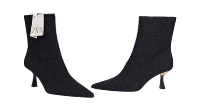 ZARA новый с Ярлыками черный текстурированный вязаный заостренный носок лодыжки загрузки с металлический каблук 11 - Изображение 1 из 4