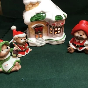 Vintage Homco Weihnachtsmaus Familie mit Leuchthaus. - Bild 1 von 14