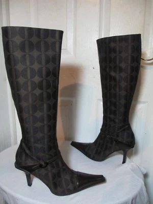 MILA SCHON MONOGRAM BROWN LEATHER/NYLON ZIP/BUCKLE KNEE HIGH BOOTS 38½ US 7½ - Image 1 of 4