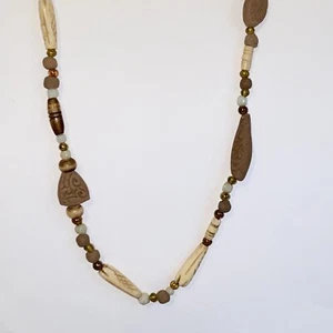 Vintage Ethnic Beaded 16" Necklace Terra Cotta Clay Glass Etched Faux Bone Beads - Picture 1 of 10