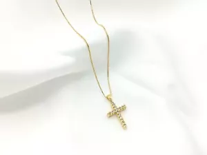 18K Yellow Gold and Diamond Cross Pendant on 18K Italy 18" Box Chain - Picture 1 of 9