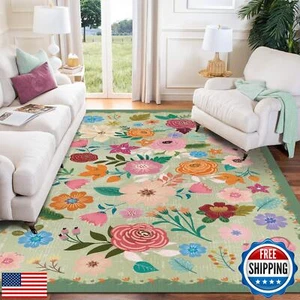 Washable Floral Area Rug 3' ×5' Green Large Living Room Rug Boho Non-Slip Sof - Picture 1 of 5