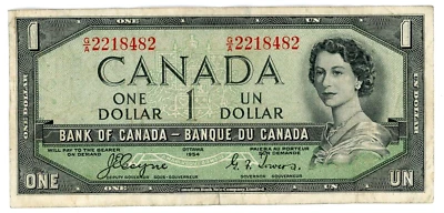 Canada ... P-66a (Bc-29) ... 1 Dollar ... 1954 ... (~): *VF*.😉 Devil's face - Image 1 of 2