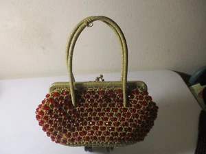 Vintage Purse Evening Bag w Handle Red Beads/ Gold Thread Italy 1960 Barbara Lee - Picture 1 of 12