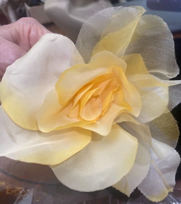 vintage silk rose flower 5" yellow hand made leaves 1pc made in Czechoslovakia - Image 1 of 4