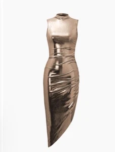 Micas Metallic Asymmetric Hem Sleeveless Midi Dress Small CHAMPAGNE - Picture 1 of 4