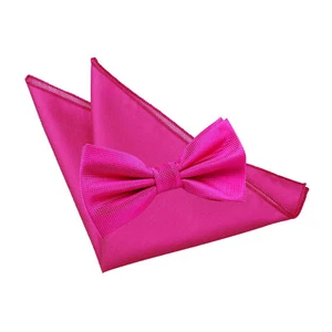 Fuchsia Pink Plain Solid Check Mens Bow Tie And Pocket Square Set by DQT - Picture 1 of 1