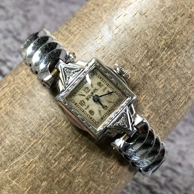 Vintage Bulova Women 10K GF Silver Tone Square Mechanical Wind 16mm Watch 6" - Image 1 of 4