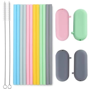 Silicone Straws Reusable - Odorless, 12 Standard Drinking Straws, 4 Carry Pou... - Picture 1 of 7
