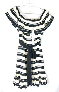 Halston Herltage Womens Off The Shoulder Flounce Sleeve Dress Cream/Black Size 6 - Picture 1 of 3
