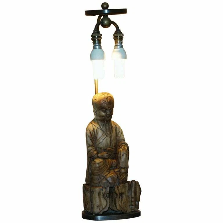 VERY RARE CIRCA 1780-1800 CHINESE ROOTWOOD CARVED STATUE OF BUDDHA TABLE LAMP - Image 1 of 4