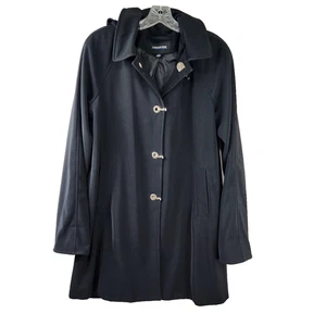 London Fog schwarzer Trenchcoat mit Kapuze und silbernen Verschlussverschlüssen Medium - Bild 1 von 9