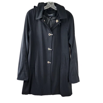 London Fog Black Hooded Trenchcoat w/Silver Clasp Closures Medium - Image 1 of 4