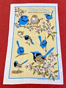 Vintage Tea Towel Blue Wren Western Australia Pattern Kitchen Dish Bird Art Gift - Picture 1 of 12
