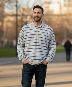 Vintage Eddie Bauer Rugby Shirt Herren MT creme grün gestreift, Rugby 90er gebraucht, in einwandfreiem Zustand - Bild 1 von 10