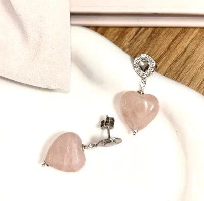 Orecchini Artigianali Argento 925 Quarzo Rosa A Cuore - Immagine 1 di 3