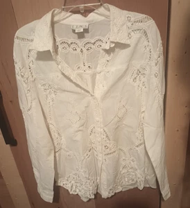 LIM'S Elfenbein Ösen Broderie Anglaise Baumwolle Bluse Knopfleiste Hemd Größe L - Bild 1 von 8