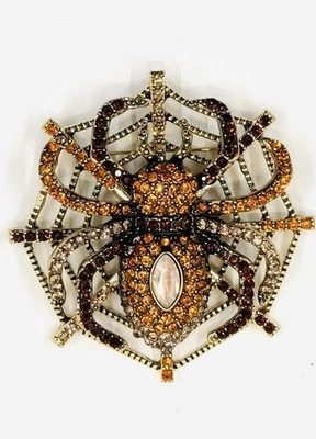 Sparkling Orange & Brown Rhinestone 3D Spider Brooch Halloween Fall NWOT - Image 1 of 3