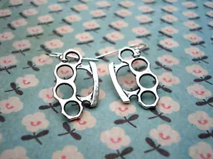 FUNKY SILVER KNUCKLE DUSTER EARRINGS EMO GOTH RETRO BIKER PUNK GIRL ROCK NOVELTY - Picture 1 of 1