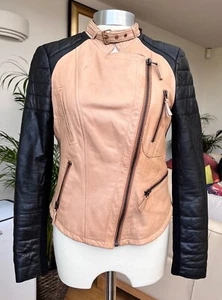 Womens Zara Real Leather Jacket Black /Tan Size EU Large - Picture 1 of 4