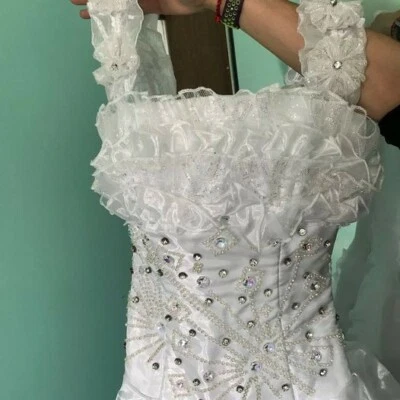 White Mesmerizing Wedding Gown, Long Veil and Beaded Gloves Made in Turkey  - Image 1 of 4