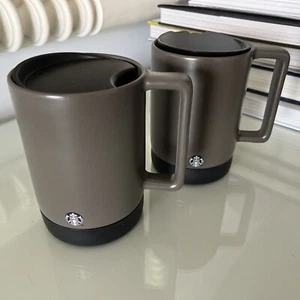 Starbucks grau Keramik Kaffeebecher mit drehbarem Deckel Gummiboden 14 Unzen 2er Set - Bild 1 von 5