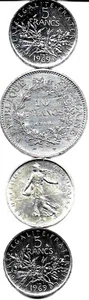Très bon lot de 4 pièces argent Françaises:3 X 5 Frs.1969 + 10 Frs. Hercule 1966 - Picture 1 of 1