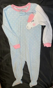 ^CARTER'S PALE BLUE & PINK POLKA DOT FOOTED ZIPPER FRONT SLEEPER UNICORN 3 T - Picture 1 of 4