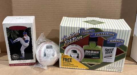 Nolan Ryan Texas Rangers Hallmark Ornament And Mennen Baseball Sealed With Box Cover