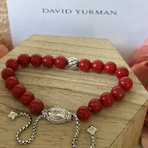 DAVID YURMAN Spiritual Bead 925 8mm Bracelet Silver Red Coral & Silver Accent - Picture 1 of 17
