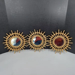Set/3 Bamboo Starburst Wall Accent Round Mirror Set Tiki Boho Gallery 12" - Picture 1 of 6