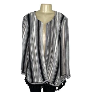 Misook Collection Black & White Striped Open Front Cardigan Tassel Trim Sz 2X - Picture 1 of 6