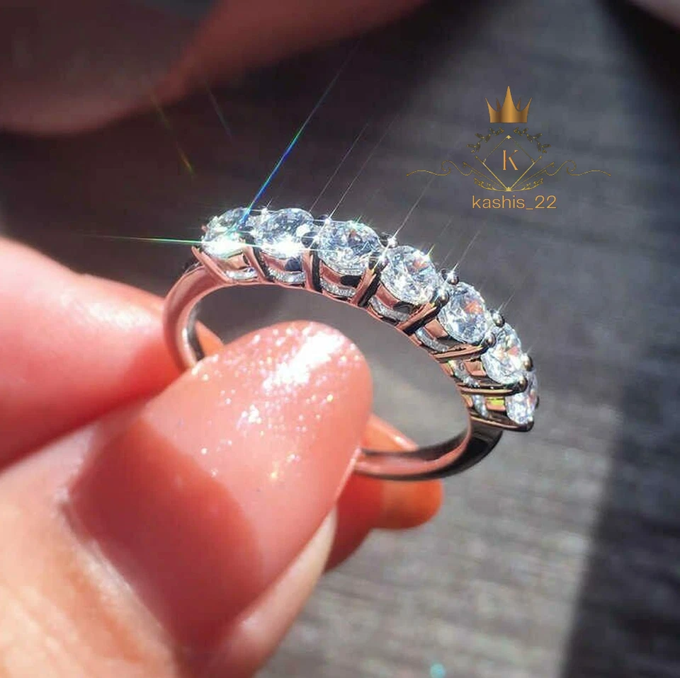 Solid 14K White Gold 1.50 CT Round Cut Moissanite Half Eternity Wedding Band - Image 1 of 4