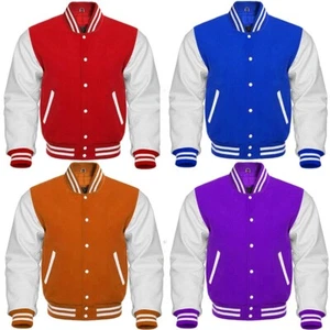 Varsity Baseball Bomber Letterman Jacket Wool Blend & White Leather Sleeves - Picture 1 of 7