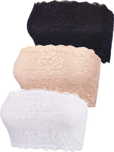 3 Pieces Women'S Floral Lace Tube Top Bandeau Strapless Bras Seamless Stretchy C - Picture 1 of 12